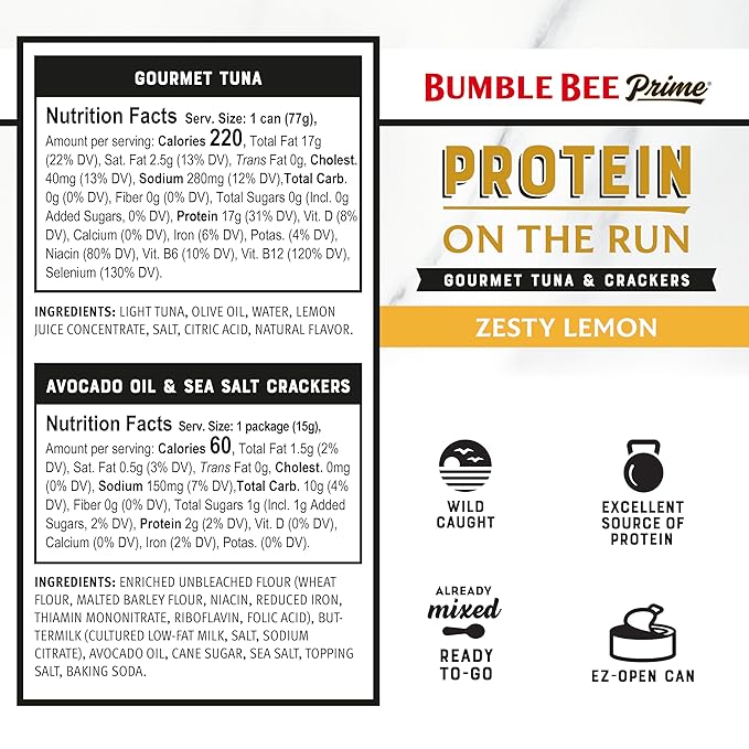 Bumble Bee Prime Protein on the Run Tuna Snack Kit - Gourmet Tuna Marinated in Olive Oil & Zesty Lemon with Crackers and Serving Utensil - 19g of Protein Per Serving, Easy Open Can