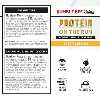 Bumble Bee Prime Protein on the Run Tuna Snack Kit, Pack of 12 - Gourmet Tuna Marinated in Olive Oil & Zesty Lemon with Crackers and Serving Utensil - 19g of Protein Per Serving, Easy Open Can