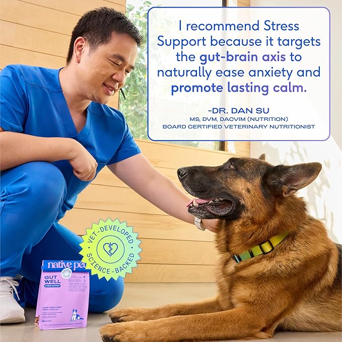 Native Pet GutWell Stress Support - Dog Anxiety Relief & Calming Supplement - Promotes Emotional Wellbeing, Regulates Stress Response & Balances Gut-Brain Axis - Triple-Biotic & Magnesium - 60 Scoops