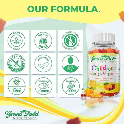 Greenfield Nutritions Halal Multivitamin for Kids – Gelatin-Free Halal Kids Multivitamin Gummies with Vitamins A, B, C, D, Iodine & Zinc for Immunity – Essential Vitamins for Children (90 Count)