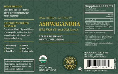 Global Healing Center - Organic Ashwagandha Supplements Drops - KSM-66 Ashwagandha Extra Strength for Men & Women, Helps Promote Relief from Stress, Mood Support, Organic (2 Fl Oz)