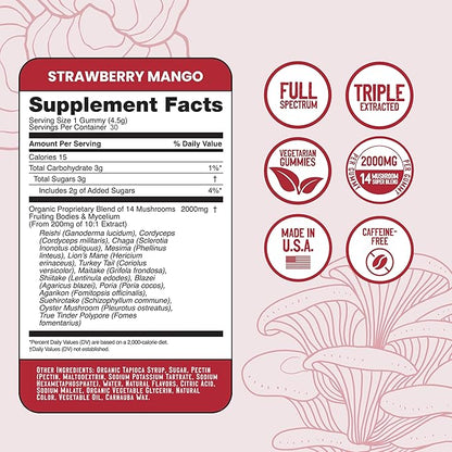 Troomy Daily 14 Mushroom Blend Gummies - Great Tasting Natural Mango Strawberry Flavor, Gelatin-Free, Gluten-Free, Vegetarian - 30 Count