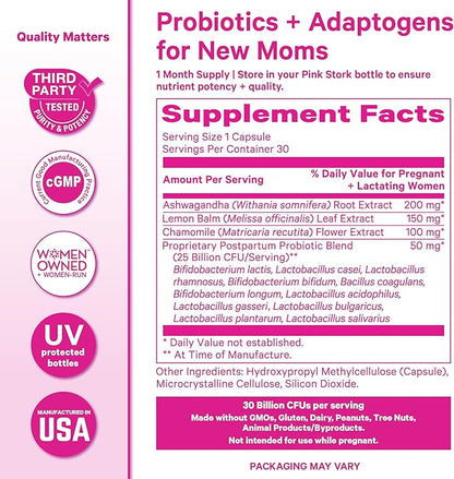 Pink Stork Probiotics for Postnatal Women - 30 Billion CFUS with Ashwagandha and Chamomile, Postpartum Essentials for Hormone Balance, Mood Support, Gut Health, Digestive Wellness, 30 Capsules