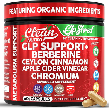 GLP1 Supplement Berberine Ceylon Cinnamon Apple Cider Vinegar Chromium Turmeric PCOS Supplements Immunity & Metabolism Support 60 Vegan Capsules by Clean Nutra