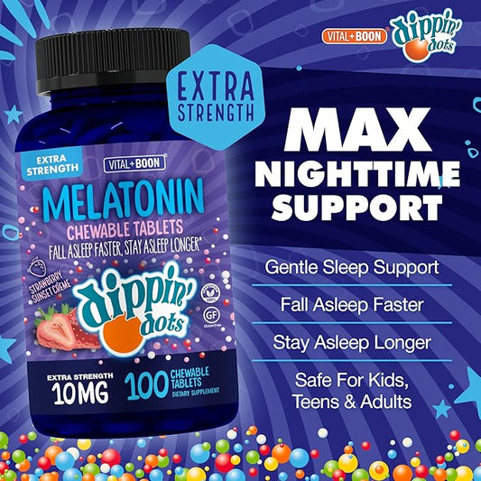 Dippin' Dots Chewable Melatonin 10mg – Melatonin 10 mg Tablets for Adults – Sugar Free – Strawberry Sunset Creme Flavor – Restful Sleep Support Supplement – Kosher, Gluten Free, Vegetarian (100 Count)