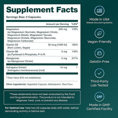 Magnesium Glycinate Complex (7-in-1) 500mg with D3 & B6 P5P - Multi-Form Blend with Glycinate, Citrate, Malate, Taurate, Gluconate, Carbonate, & Orotate - Supports Sleep and Muscle Health [Oxide-Free]