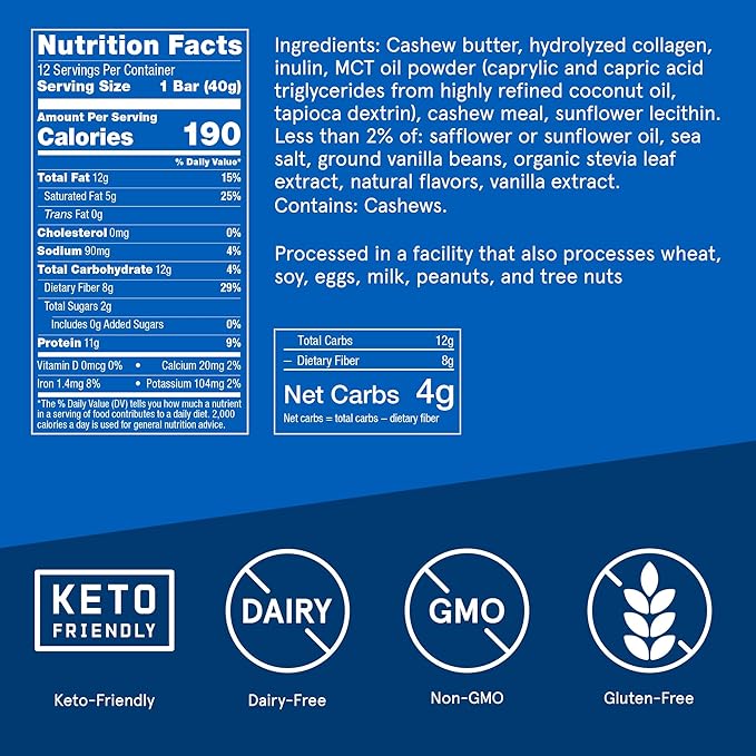Bulletproof Vanilla Shortbread Collagen Protein Bars, Pack of 12, Keto-Friendly Snack with MCT Oil, 2g Sugar, No Added Sugar, Grass-Fed Collagen