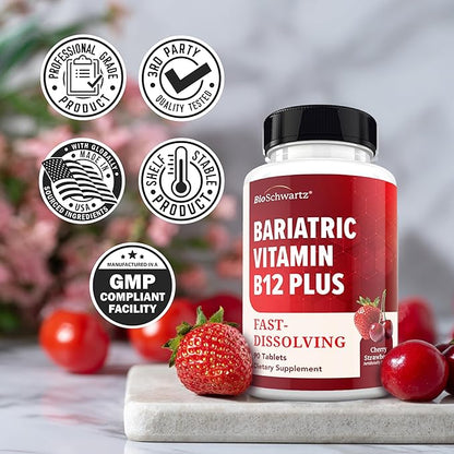 BioSchwartz Bariatric B12 Plus Dissolvable Tablets - 1000mcg Vitamin B12, Vitamin B6, Folate, Biotin - Cherry Strawberry Flavor, 3-Month Supply, Third Party Tested, for Bariatric Patients, 90 Count