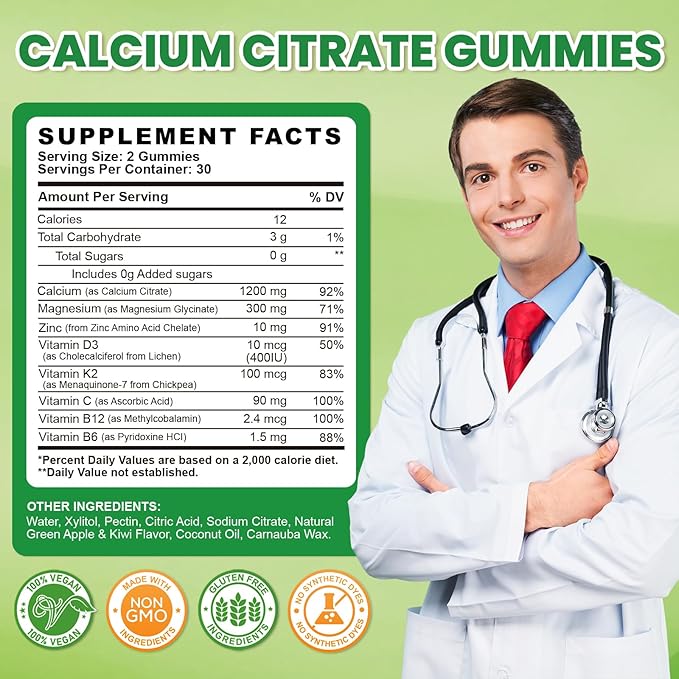 Calcium Citrate Gummies - 1200mg Calcium Gummies Supplements for Women & Men with Vitamin D3, K2, Magnesium, Zinc High Absorption for Bone, Muscle & Immune Support, Apple & Kiwi Flavor, 120 Count