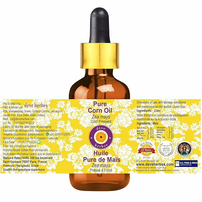 Deve Herbes Pure Corn Oil (Zea mays) with Glass Dropper Natural Therapeutic Grade Cold Pressed 50ml (1.69 oz)