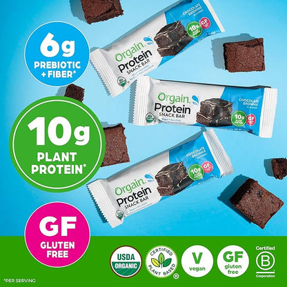 Orgain Organic Vegan Protein Bars, Chocolate Brownie - 10g Plant Based Protein, Low Calorie Healthy Snacks, No Lactose or Soy Ingredients, Gluten Free, Non-GMO - 1.41 Oz (Pack of 12)