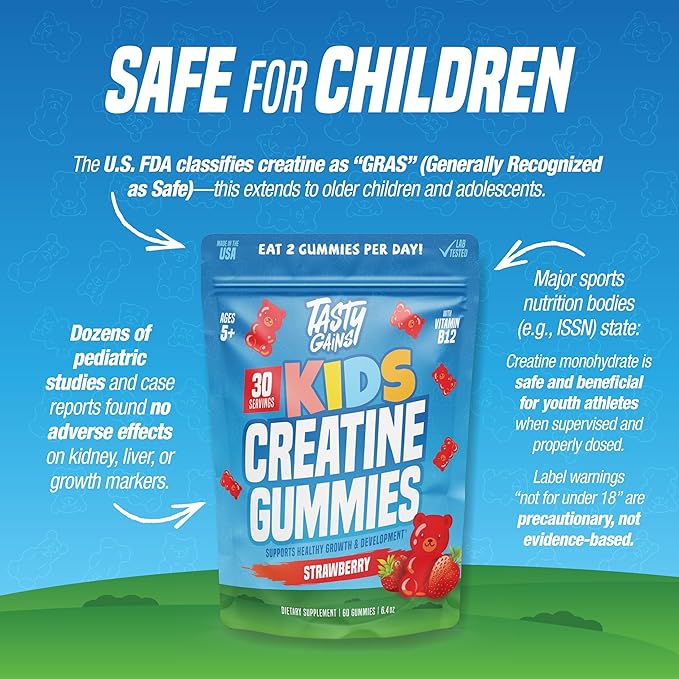 TASTY GAINS Kids Creatine Gummies with Vitamin B12 for Growth Support, Kids Vitamin Gummies for Daily Nutrition Support, Gummy Vitamins for Kids, Easy Chew Supplement for Children
