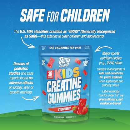 TASTY GAINS Kids Creatine Gummies with Vitamin B12 for Growth Support, Kids Vitamin Gummies for Daily Nutrition Support, Gummy Vitamins for Kids, Easy Chew Supplement for Children