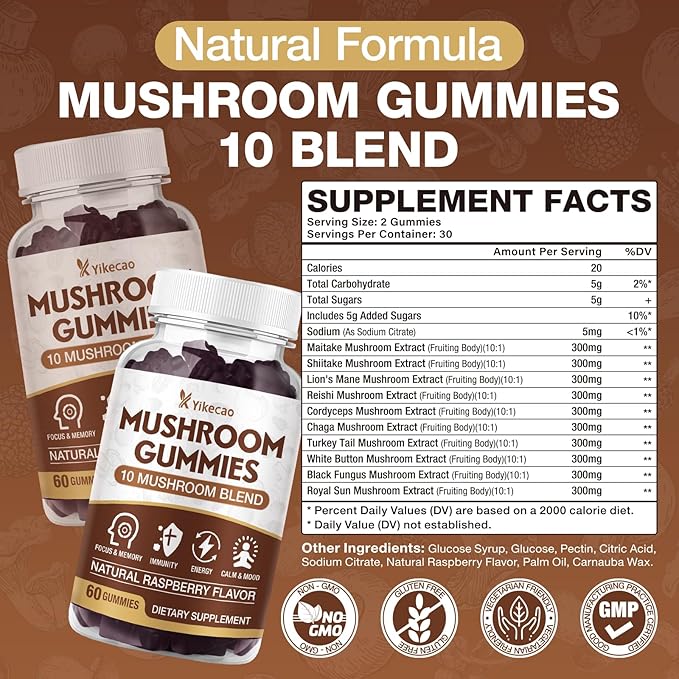 Mushroom Gummies for Adults, 10 Blend Mushroom Supplement with Lions Mane, Cordyceps, Reishi, Chaga and Turkey Tail for Focus and Energy, Raspberry Flavor, 60 Count