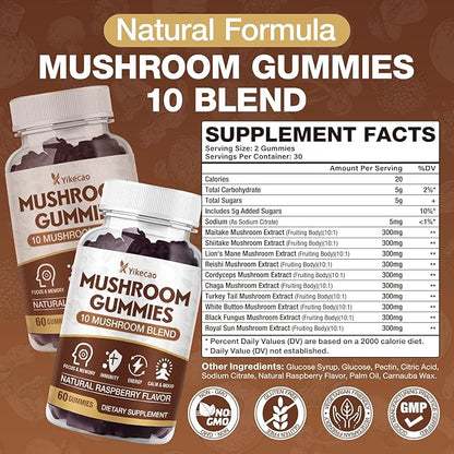 Mushroom Gummies for Adults, 10 Blend Mushroom Supplement with Lions Mane, Cordyceps, Reishi, Chaga and Turkey Tail for Focus and Energy, Raspberry Flavor, 60 Count