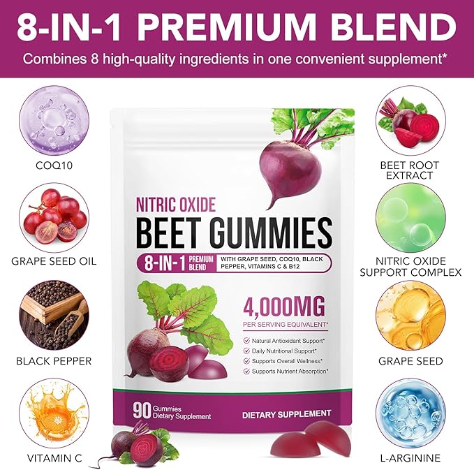 Super Beetroot Gummies, 8 in 1 Beet Root 4,000mg with Grape Seed Extract & CoQ10, Sugar Free - 90 Count (1)