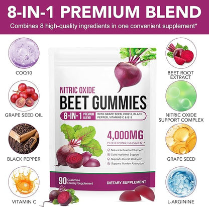 Super Beetroot Gummies, 8 in 1 Beet Root 4,000mg with Grape Seed Extract & CoQ10, Sugar Free - 90 Count (1)