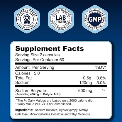 LongJuvity Sodium Butyrate Supplement (300mg) - Optimal Gut Health for Men & Women - Digestion Support & Leaky Gut Repair - Postbiotic Short Chain Fatty Acid, Lab Tested (120 Extended Release Caps)