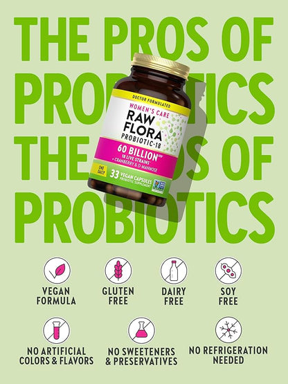 Raw Flora Women's Probiotics | Dr. Formulated 60 Billion CFU + Prebiotics | Digestive, Vaginal & Urinary Support | 33 Vegan Capsules with Cranberry & D-Mannose | Shelf Stable