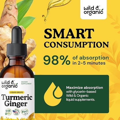 Wild & Organic Turmeric and Ginger Supplement Drops - Joint & Immune Support - Liquid Turmeric with Ginger and Black Pepper Extract - Curcumin Supplement - Vegan, Sugar & Alcohol-Free Tincture - 2 oz