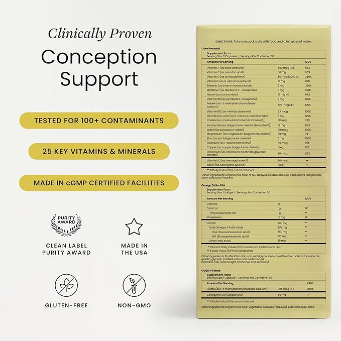 Perelel Conception Support Pack, Prenatal Multivitamin with DHA Omega 3, COQ10 & Folate, Supports Fertility Wellness for Women, Soy & Gluten Free, Non GMO, 30 Daily Pill Packs