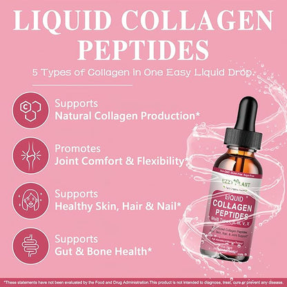 Liquid Collagen Peptides - Multi Collagen for Women Type I, II, III, V, X with Glucosamine, MSM, Hyaluronic Acid, High Absorption Hydrolyzed Collagen Peptides Drops for Skin Hair Nail & Joint, Non-GMO