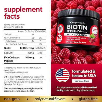 Biotin Gummies 10000mcg for Women and Men - Extra Strength Hair, Skin and Nails Gummies with Collagen - Natural Biotin Gummy Supplement for Hair, Skin, Nails Support - 60 ct