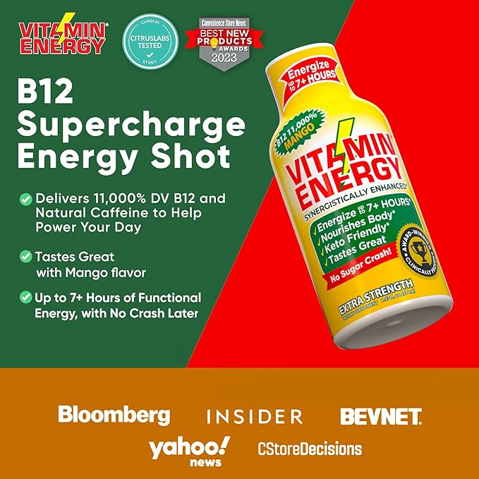 Vitamin Energy B12 11,000% Extra Strength Energy Shot Mango 24 Pack, 260mg Natural Caffeine, B12 & B6, Nootropic Focus, Vitality, Zero Sugar, Gluten-Free, Vegan, Kosher, 1.93 fl oz