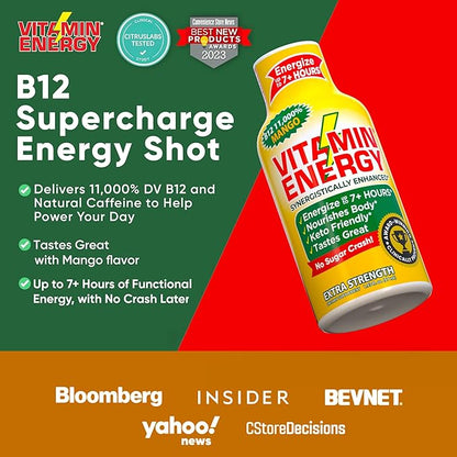 Vitamin Energy B12 11,000% Extra Strength Energy Shot Mango 24 Pack, 260mg Natural Caffeine, B12 & B6, Nootropic Focus, Vitality, Zero Sugar, Gluten-Free, Vegan, Kosher, 1.93 fl oz