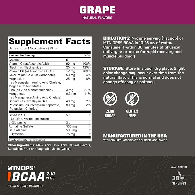 MTN OPS BCAA Powder 2:1:1 Amino Acids Supplement Powder for Rapid Muscle Recovery & Repair with Zero Sugar & Gluten Free - 30 Servings, Grape