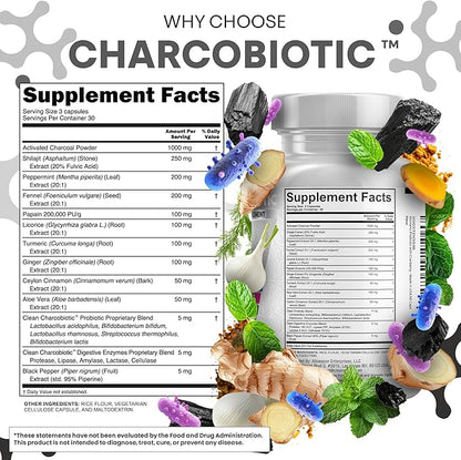 Activated Charcoal Pills for Gas Relief and Debloat, CharcoBiotic with Probiotics Digestive Enzymes Shilajit Peppermint Fennel Ginger Turmeric Licorice Root Aloe Vera Ceylon Cinnamon, Clean Nutra 90ct