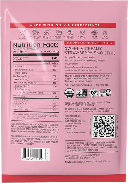 Truvani Vegan Pea Protein Powder | Strawberry | 20g Organic Plant Based Protein | 1 Serving | Keto | Gluten & Dairy Free | Low Carb | No Added Sugar