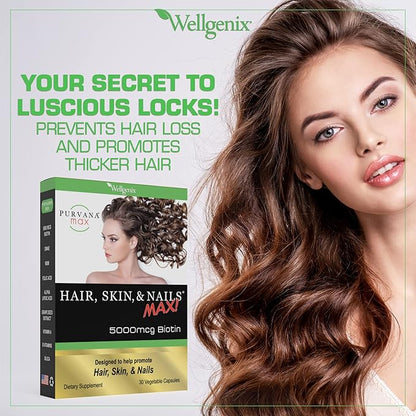 Wellgenix Purvana MAX Hair Skin and Nails Supplement – 5000mcg Biotin with MSM & B-Complex – Supports Thicker Hair, Stronger Nails & Glowing Skin – 60 Veggie Capsules (2 Pack)
