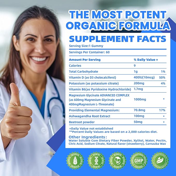 Potassium Magnesium Gummies - High Absorption Magnesium Glycinate & Potassium Citrate Plus Omega 3, B6, D3, K2 & Calcium - Chewable Gummy for Leg Cramps, Immunity & Energy Blueberry 120 Gummies