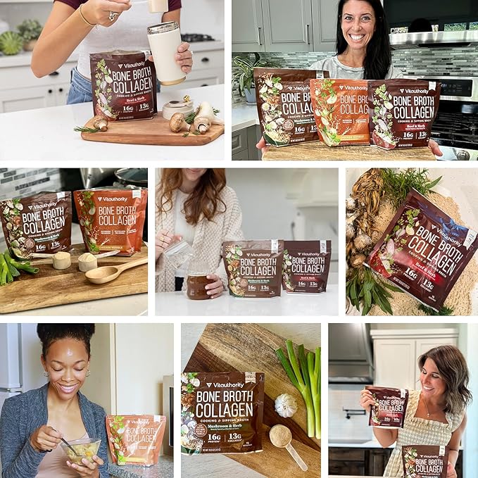 Vitauthority Bone Broth Collagen Delicious Chicken Noodle Flavored - Packed with 16g of Protein & Types I, II, III - Nourishes Skin, Hair, Nails, Joints, & Gut - Beef BoneBroth