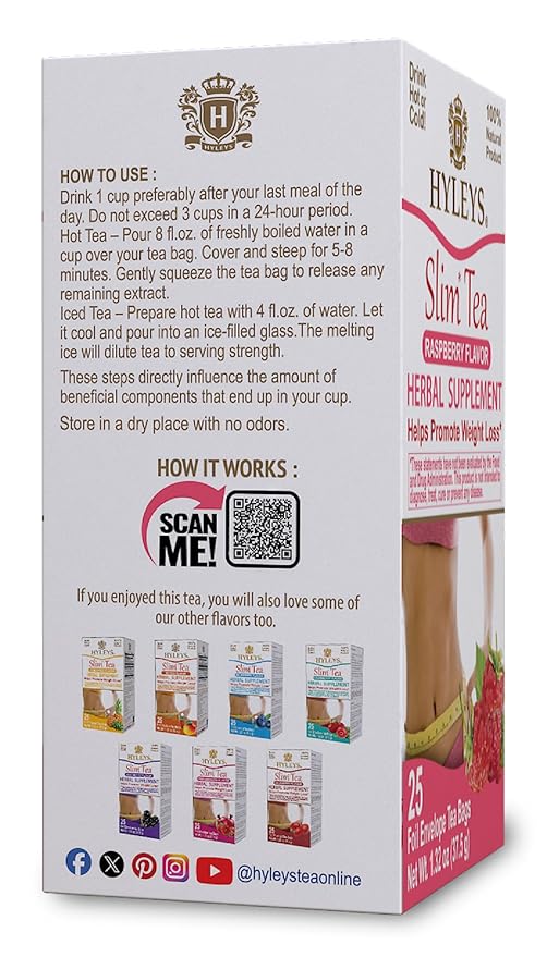 Hyleys Slim Tea Raspberry Flavor - Weight Loss Herbal Supplement Cleanse and Detox - 25 Tea Bags (12 Pack)