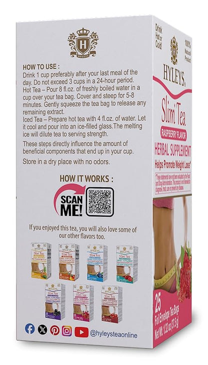 Hyleys Slim Tea Raspberry Flavor - Weight Loss Herbal Supplement Cleanse and Detox - 25 Tea Bags (12 Pack)