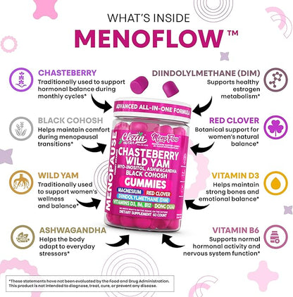 Clean Nutra Menopause Supplements for Women Chastberry Wild Yam Gummies Inositol Black Cohosh Magnesium Red Clover DIM Supplement B6 Magnesium Glycinate Glycine Vitex Hormone Balance Gummy Vitamins