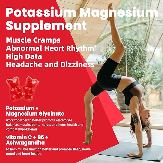 Potassium Magnesium Gummies - High Absorption Magnesium Glycinate & Potassium Citrate Plus Omega 3, B6, D3, K2 & Calcium - Chewable Gummy for Leg Cramps, Immunity & Energy Strawberry 120 Gummies