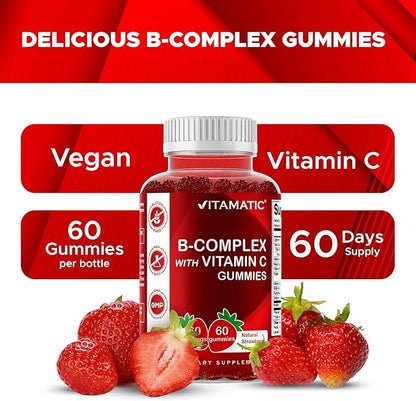 Vitamatic Vitamin B Complex Gummies with Vitamin C & Inositol - Natural Strawberry Flavor - 60 Gummies (3 Bottles)