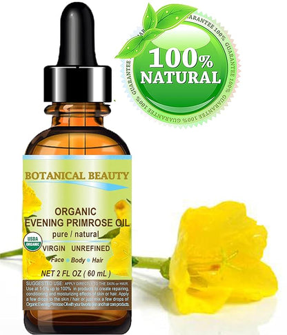 Botanical Beauty Organic EVENING PRIMROSE OIL 100% Pure Natural Undiluted Unrefined Virgin Cold Pressed Carrier Oil for face, skin, hair, nails (2 Fl Oz 60 ml)