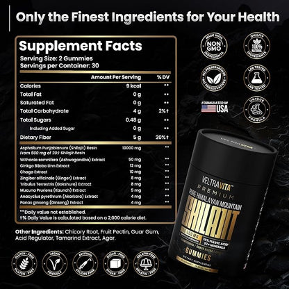 Pure Himalayan Shilajit Gummies with Ginkgo Biloba, Chaga & KSM-66 Ashwagandha | Shilajit for Men & Women | Max Potency | 76%+ Fulvic Acid & 92+ Trace Minerals | Sugar Free