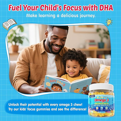 Kids Omega 3 Gummies + Calcium 400mg + Vitamin D3 K2 + C, Omega-3 DHA & EPA Supplement - No Fish Burps, No Sugar - Kids & Teens Omḛga 3 + Multivitamin Gummy for Strong Bones, Brain, Immune, Eye, 60Cts