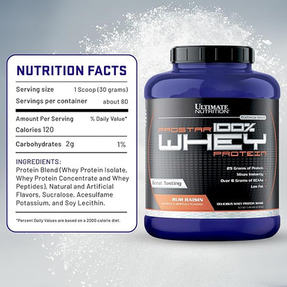 Ultimate Nutrition Prostar Whey Protein Powder Isolate, Gourmet Rum Raisin - Low Carb, High Protein Powder Shake for Muscle Gain & Recovery - Low Sodium, Low-Fat & Keto Friendly - 5.28 lbs Tub
