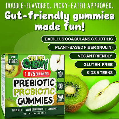 Center-Filled Kids Probiotic Gummies - with Prebiotic and Vegan Inulin Fiber for Digestive Support - Gut Health Supplement for 4+ Yo Children & Teens - Delicious Apple & Kiwi Flavor - 60 CT