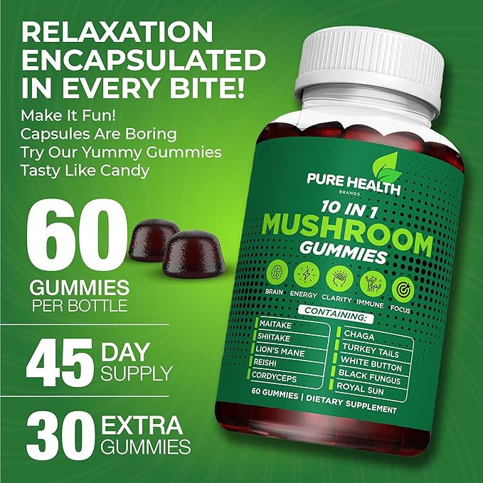 11-in-ONE Mushroom Complex Gummies - 10x Mushroom Supplement W Lions Mane - Nootropic Brain Supplement, Immune Support, All Natural 60 Count Gummies.