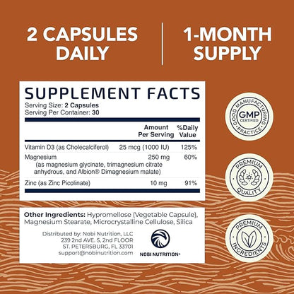 Magnesium Zinc & Vitamin D3 | 260MG Complex | High Absorption Mag Citrate, Glycinate & Malate | Muscle, Nerve Function & Bone Health Support | Zinc and Magnesium Supplement with VIT D3 | 60 Ct.