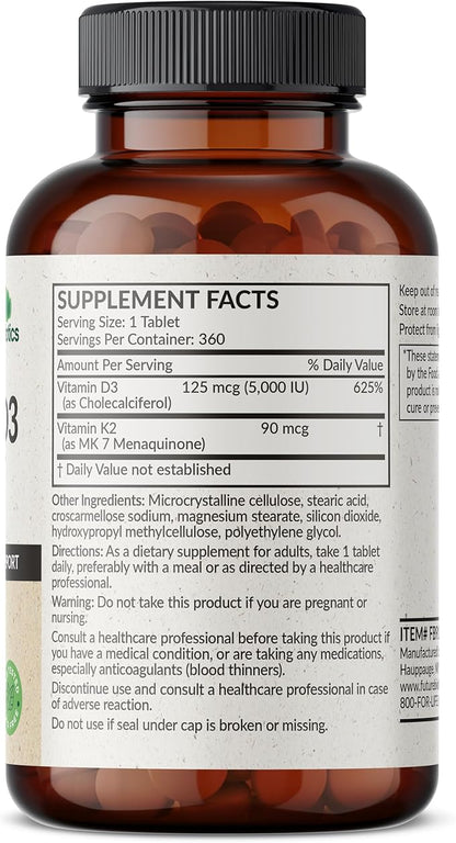 Futurebiotics Vitamin K2 with D3, 2 in 1 Support, 5000 IU Vitamin D3 & 90 mcg Vitamin K2 MK-7 Non-GMO, 360 Tablets