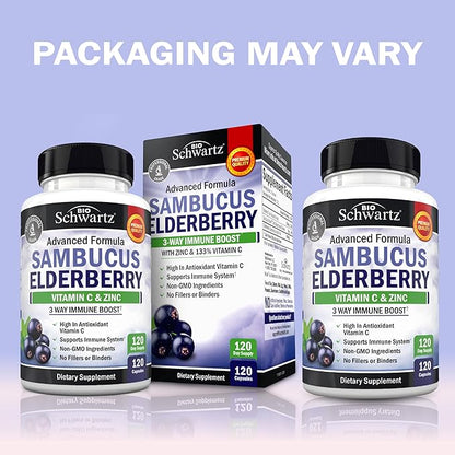 BioSchwartz Elderberry Capsules with Zinc and Vitamin C for Adults - Immune Support Vitamins for Women and Men - Black Sambucus Elderberry Vitamin C and Zinc - Multiminerals Supplement, 120 Count