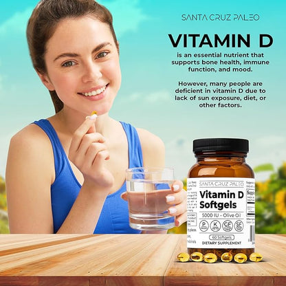 Santa Cruz Paleo Vitamin D3 5000 IU Softgels, Daily Supplement with Olive Oil for Men and Women, Formulated for Absorption, Supports Bone Health, Gluten Free, Sugar Free, Paleo, Keto, 60 Count